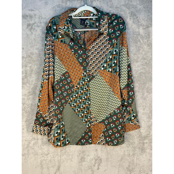 Rachel Roy Blouse XL Green Patchwork Satin Retro Preppy Office NWT - Picture 1 of 6
